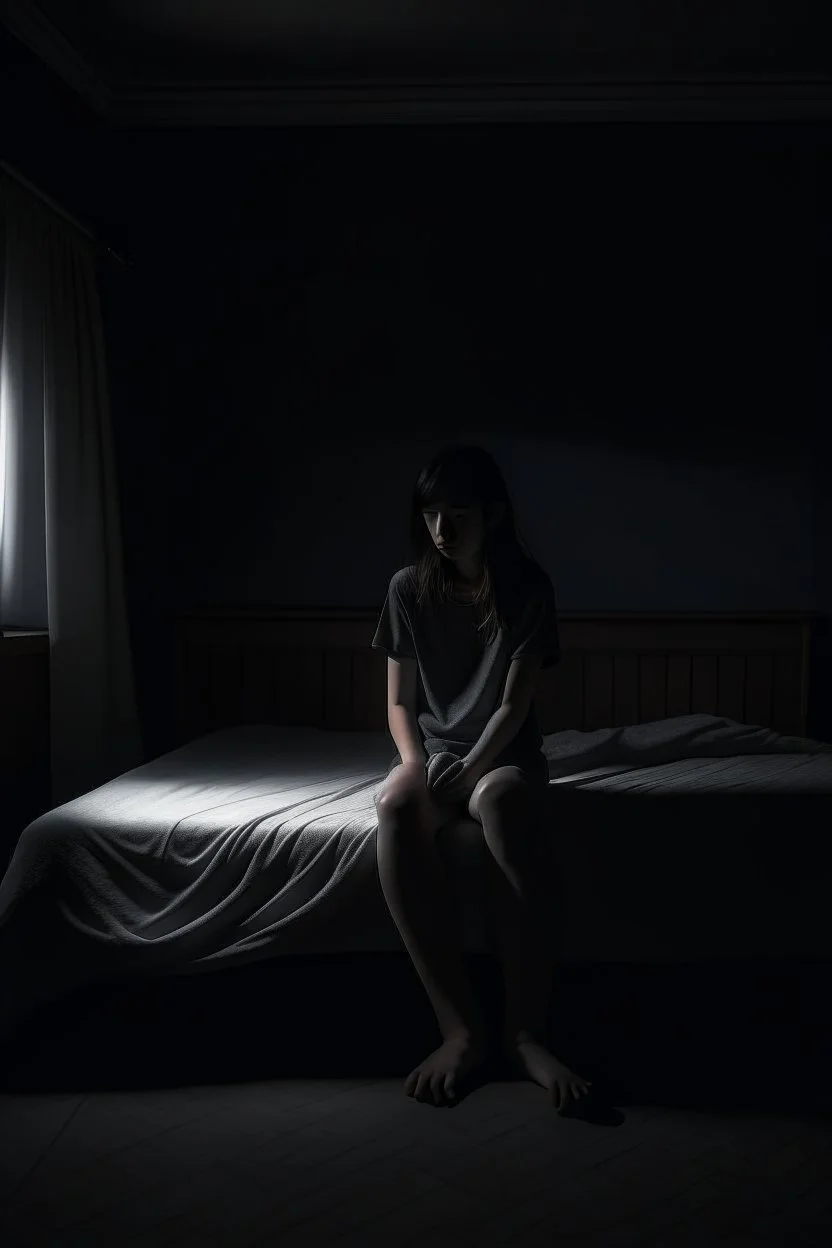 sitting on a bed in a dark room