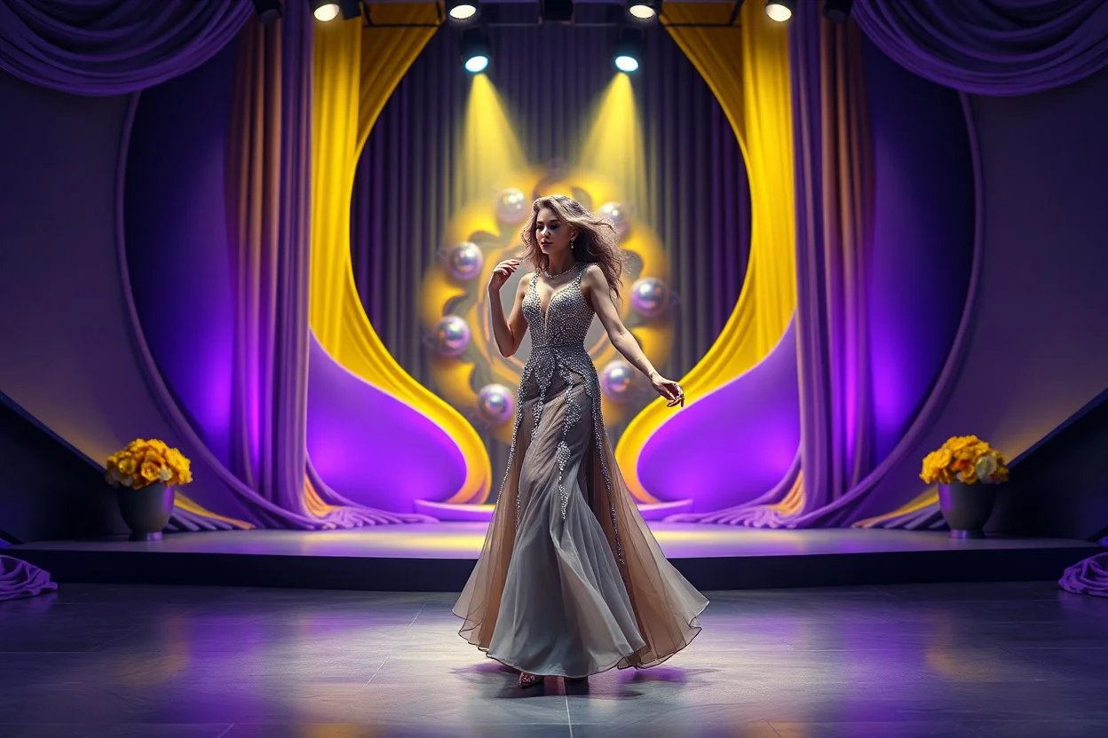 modern stage with gray-dark yellow blueish violet theme artistic decoration , color full dynamic lighting, a beautiful lady in maxi dress with shining silver jewels,curvy long hair dancing, 3D recursive fractal structure animating background