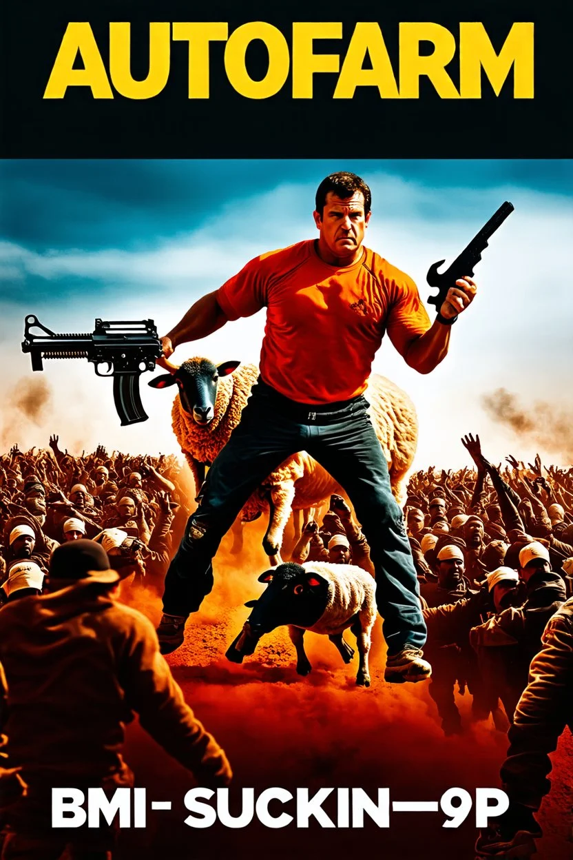 "Create a 90s-style action movie poster titled 'AUTOfarm.' Feature a heroic mechanic battling thousands of people with a spanner, and in the background, show a sheep holding a machine gun. The scene should be intense and dynamic, capturing the high-energy and gritty aesthetic of classic 90s action films. Include the subtitle 'BMI - Suckin-p-p' prominently."