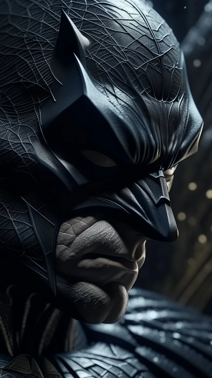 A hyperrealistic shot of Batman out of a spider web, intricate details, soft natural light, screen captured from 4K Blu-ray