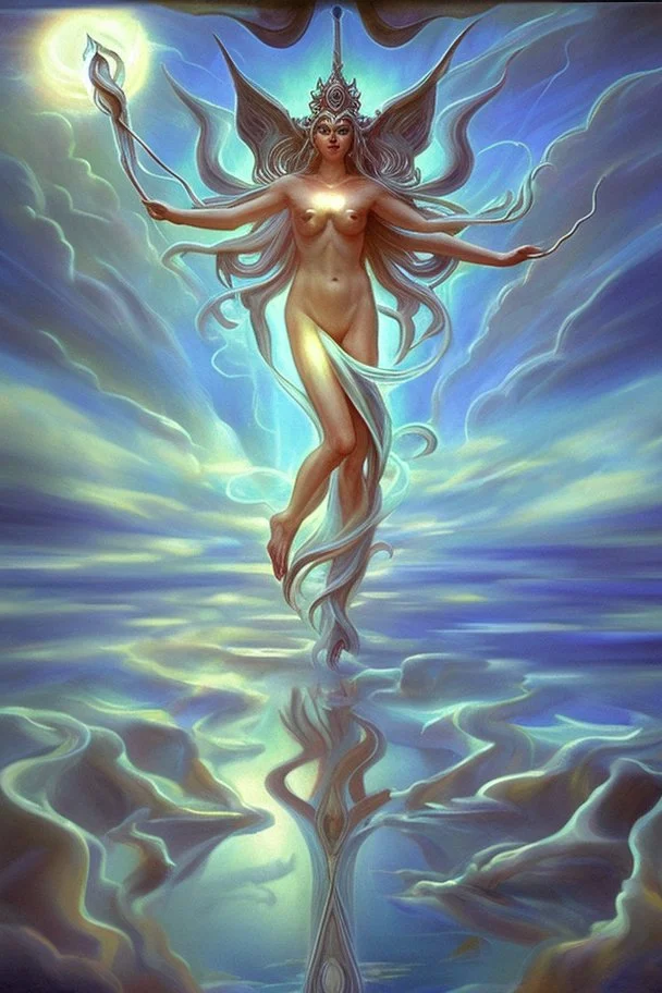 water of chaos lifting the sky goddess Nut into spiritual light; neo-surrealism