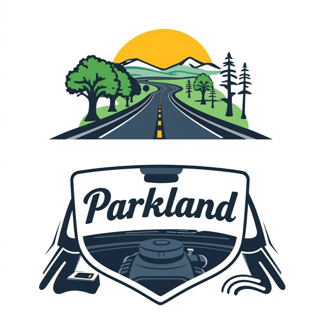 logo for a shop that installs tires and does oil changes, top has elements of beautiful park highway drive on flat land with elm and poplar trees, bottom shows the engine under car hood. on windshield is written "Parkland", all inside a shield shape with squared top and rounded bottom, in the style of national parks stickers