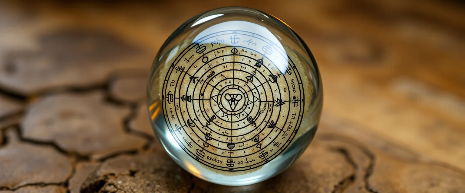 map of labyrinth contained in a glass ball with elemental sigils and symbols