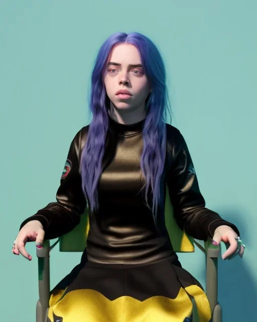 Billie Eilish, sitting on a chair, Black Short Dress, high detail