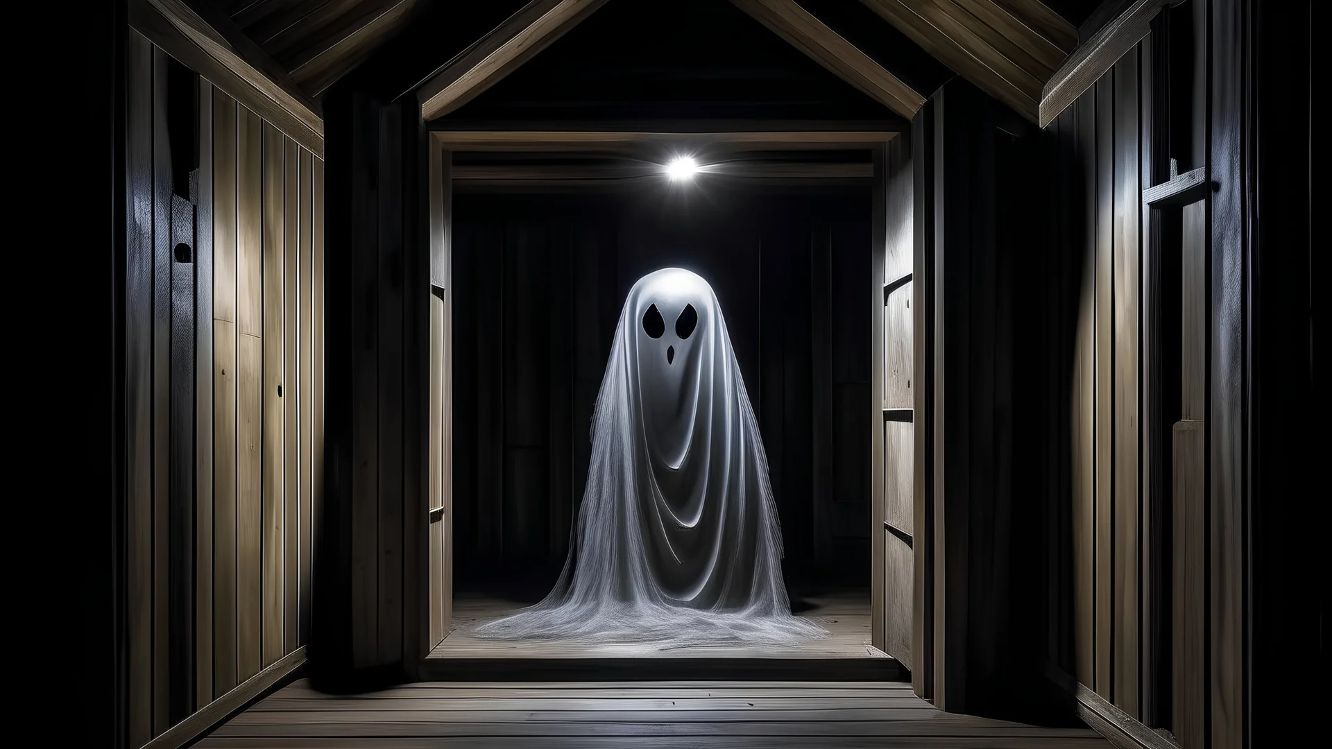 Crea un portal que esté dentro de una cabaña de madera del que esté saliendo un fantasma