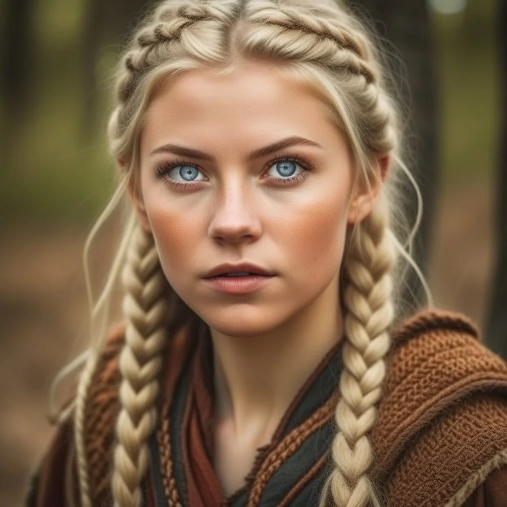 Blue eyed traditional blonde Viking woman with nature