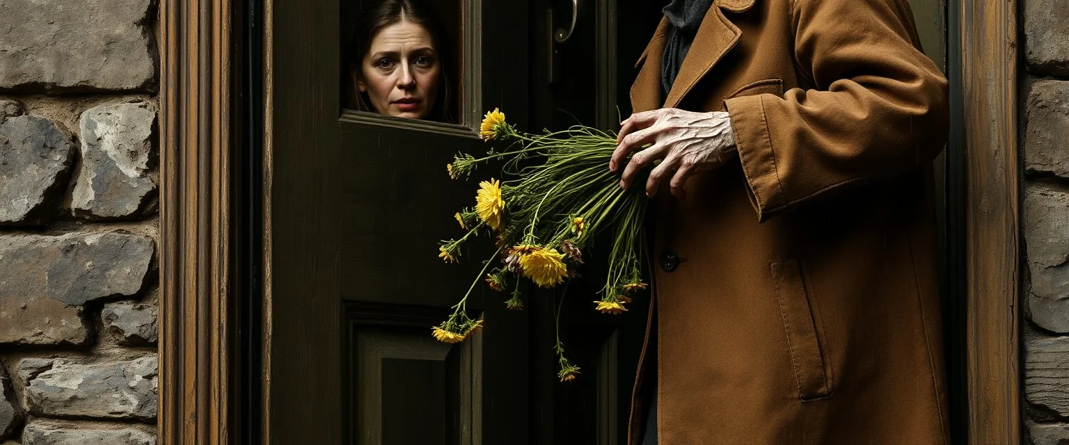 close up portrait painted by Rembrandt, Maya is standing in the doorway with one hand still on the handle. She looks surprised, but not frightened. The zombie is wearing an old brown coat with patches on the elbows. His shoes don't match. What's surprising is that he's carrying a bunch of wildflowers. One of them has slipped from his hand and landed upside down on the porch. The rain is falling everywhere except on the flowers. That's a little strange. The story doesn't mention it.