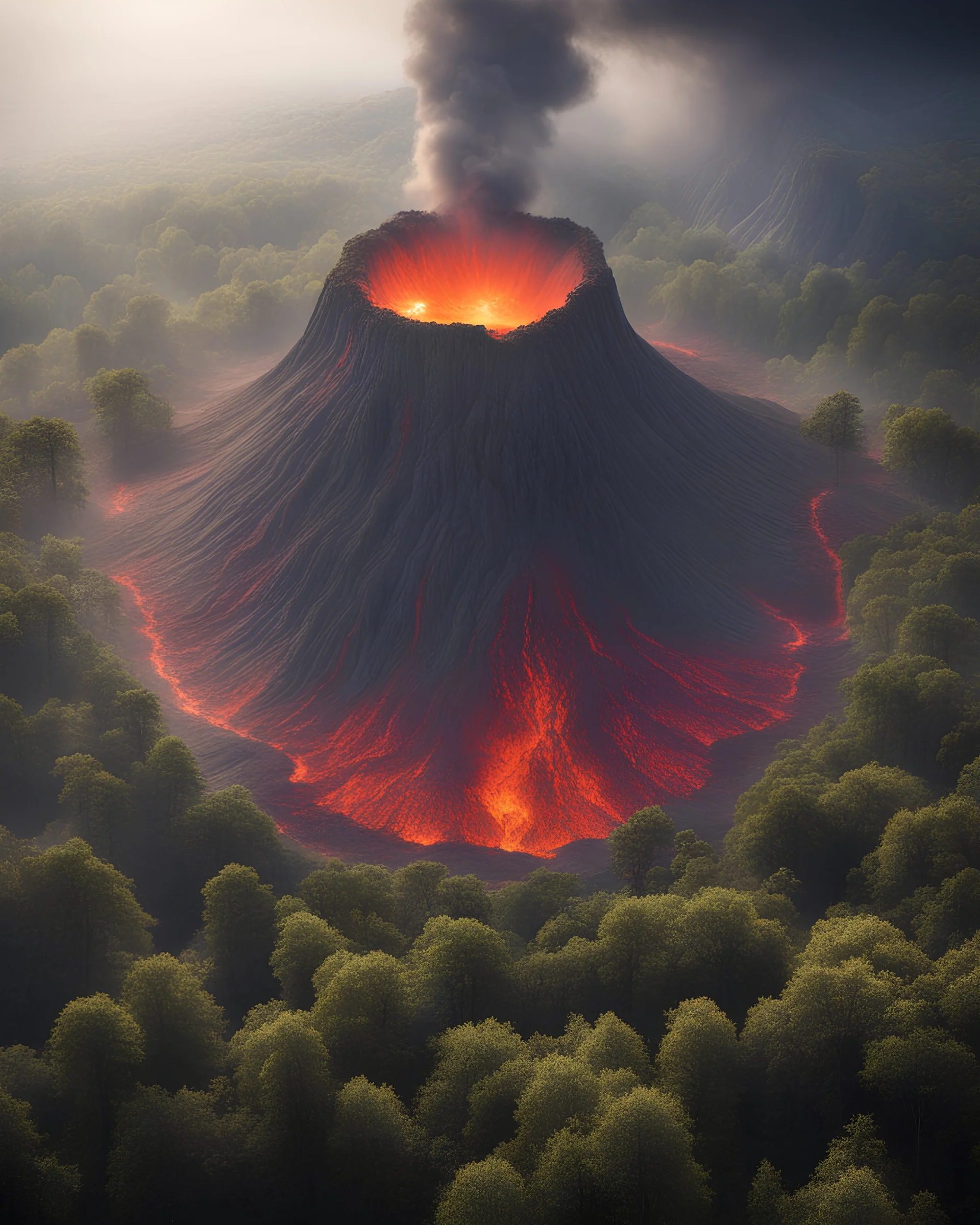 The forest is inside a dormant volcano that erupts when the sun is shining