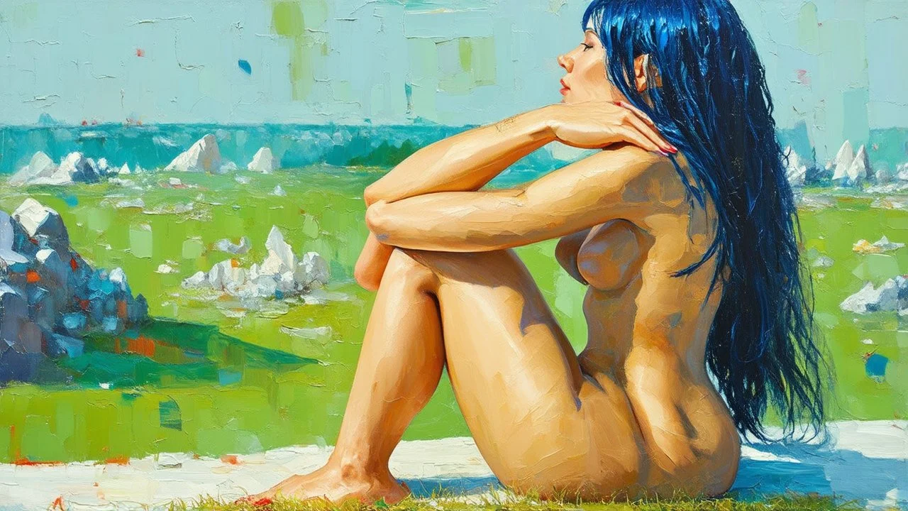 A surreal oil painting depicts a nude woman with long, dark blue hair sitting cross-legged on a light-colored surface. She is facing to the right, with her arms resting on her knees and her head tilted slightly. Her skin is rendered in warm, golden tones, contrasting with her dark hair. The background is a vibrant green landscape dotted with abstract, crystalline rock formations in shades of white and blue. A small cluster of colorful, abstract shapes lies on the grass in front of her. The sky i