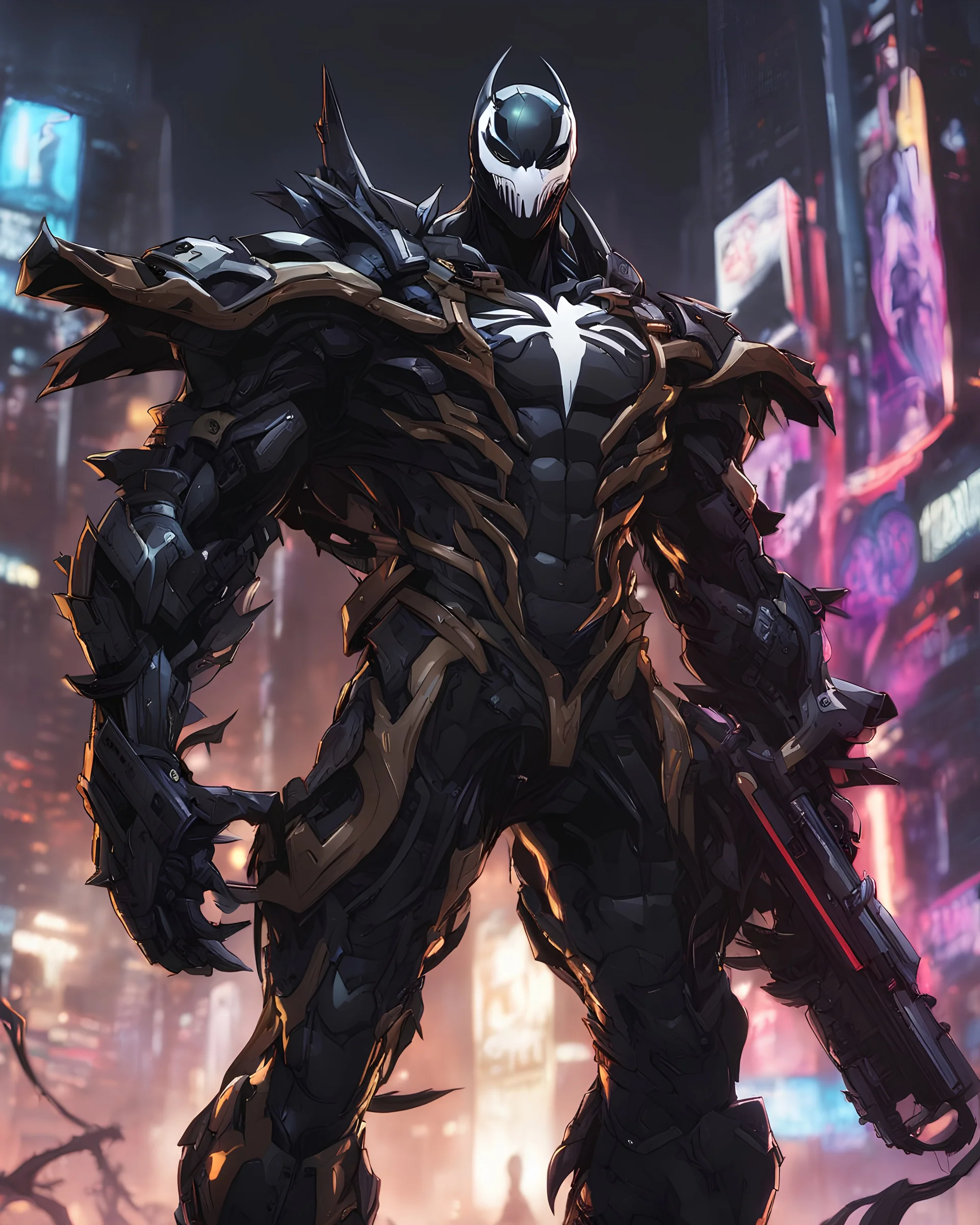 Venom mix with machine in solo leveling shadow artstyle, cyberpunk them, intricate details, highly detailed, high details, detailed portrait, masterpiece,ultra detailed,best quality