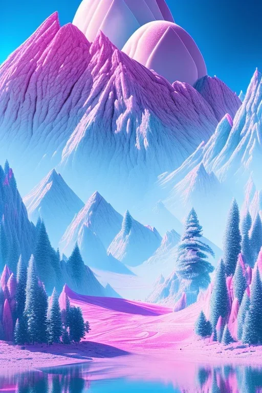  mountain topped with pink ice-cream, lake, trees, mystical, Neo-Dada,