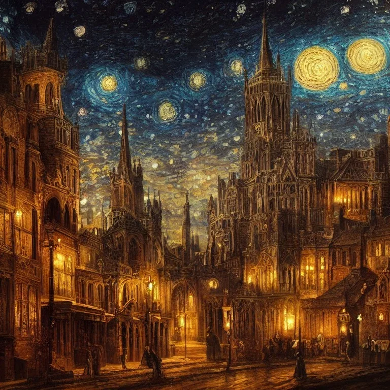 gothic painting of a victorian city in a fantasy starry night photorealistic