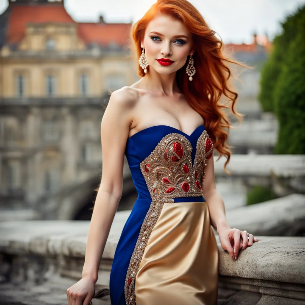 18 years old cute and adorable polish model standing on the rocksextremely detailed beautiful face, in hot colors adorned sapphire and gold one strap dress, wearing sexy in fashion sfilate decorated, elegant wavy hair, porcelain pale skin, shiny red lips, bright red hair, front face, right side look, beautiful smile look camera, sexy detailed elegant dress, the lens is in the left corner, ultra focu