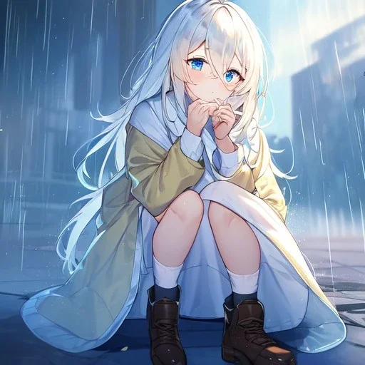 Clear focus, High resolution, Rough line, white long fluffy hair, hair between eyes, blue eyes, wearing a yellow jacket, wearing a white shirt, wearing a blue short skirt with a white line near the bottom, wearing black long socks and brown shoes, raining, Teen face and beatiful chin