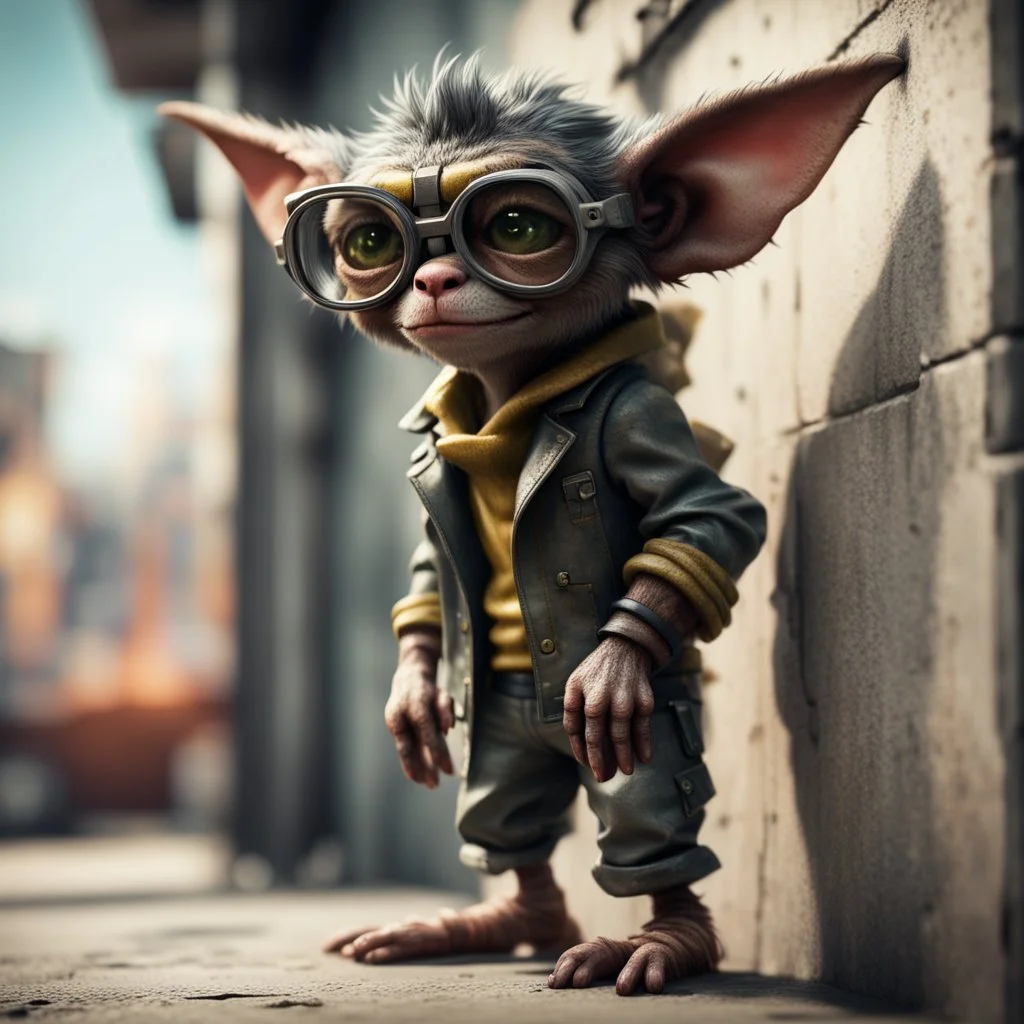 cool gremlin leaning against a wall, wearing flip down glasses, in the style of a fallout 4,bokeh like f/0.8, tilt-shift lens 8k, high detail, smooth render, down-light, unreal engine, prize winning