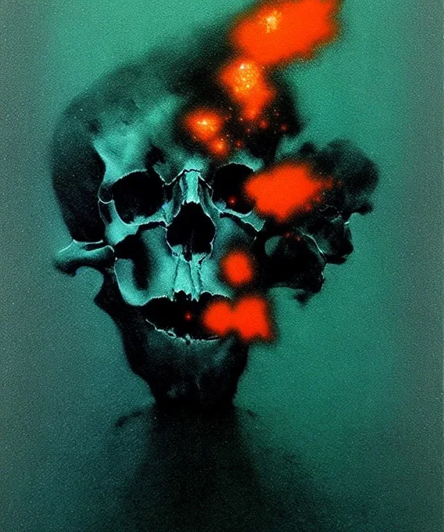 broken realistic skull. black background. smoke and explode. particles in air. teal and orange. abstract. beksinski.