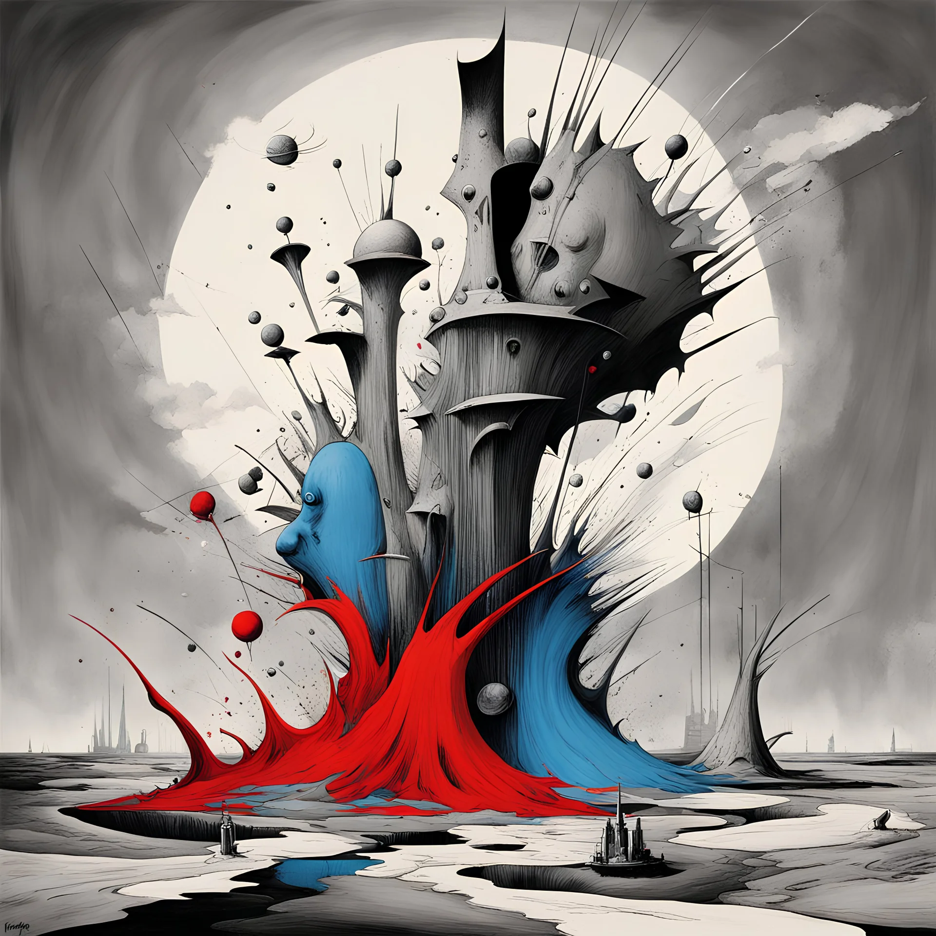 Bankruptcy of creative destruction, asymmetrical surrealism, dramatic distressing, by Gerald Scarfe, by Yves Tanguy, color splash, splash art, red and blue dual color pop in a grayscale world, zero sum game.