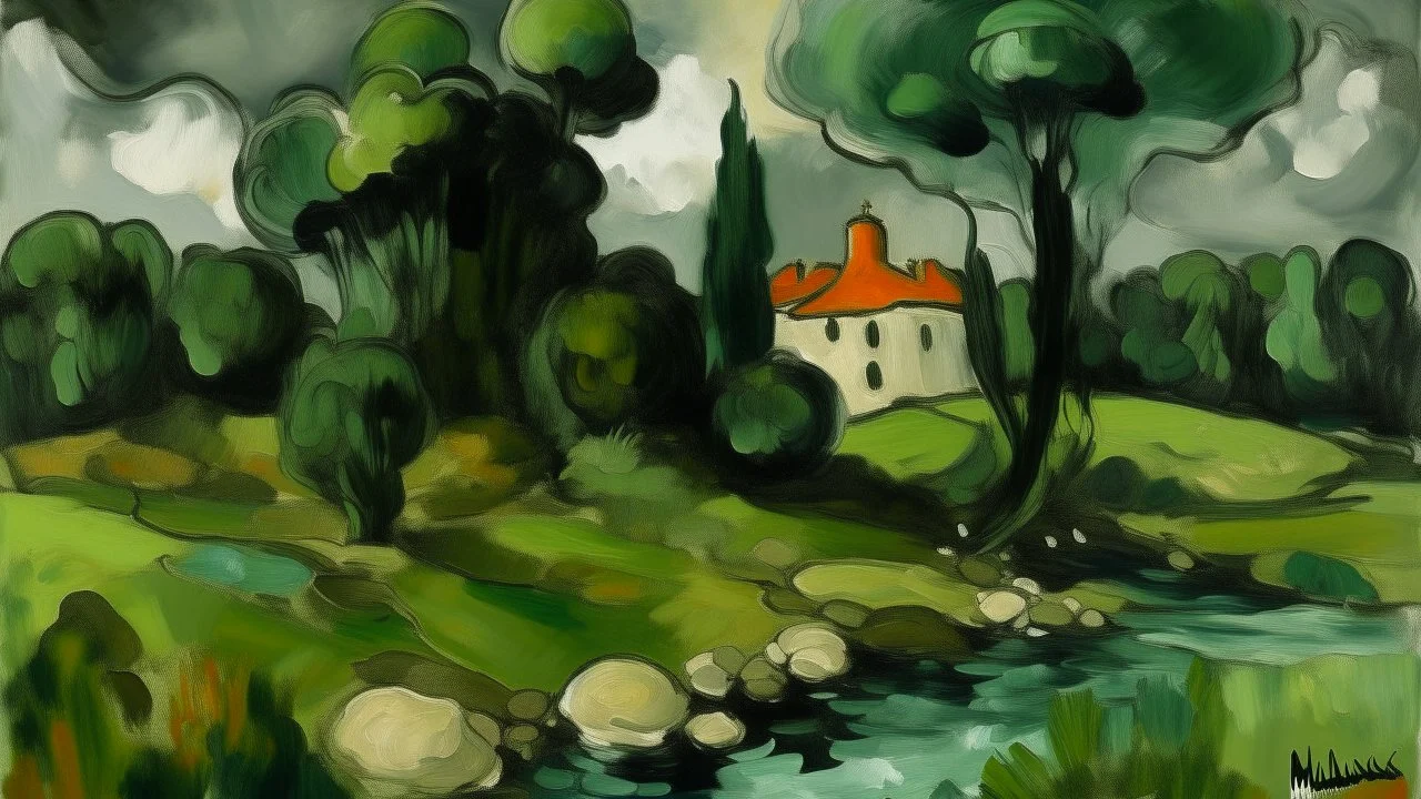 A dark green mushroom wetlands with a fortress painted by Paul Cezanne