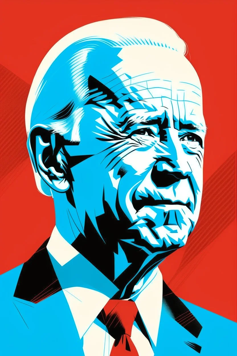 stylized stencil portrait of Joe biden in solid red, beige and (light and dark) blue