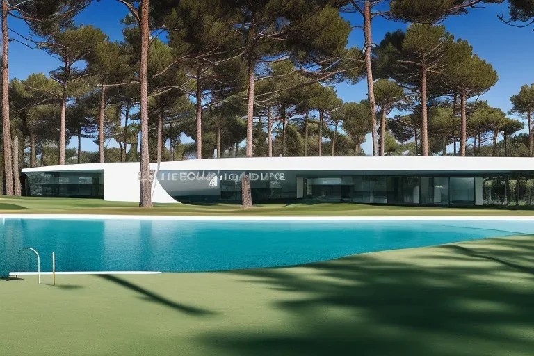 Day in quinta do lago, one straight line modern building overlooking the golf course with pine trees, with a 250 meters long pool, modernistic luxury architecture with white render, wood and dark metallic pergolas, sexy loungers by the pool