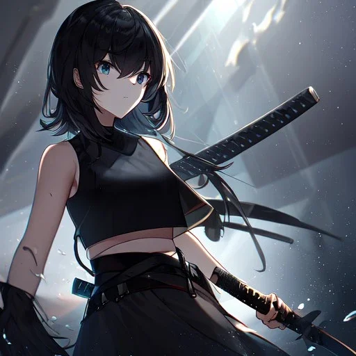 Clear focus,High resolution, black short fluffy hair, long fluffy bangs, and dark blue eyes, Depressed girl, wearing a black short shirt with a black sleeveless crop top, dark aura, controlling water, in a black room, holding a katana