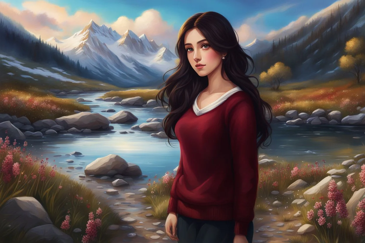 country side ,blue sky , snow on mountains, pretty clouds ,small rocky river with clear water small rocks in floor,wild flowers,beautiful Snow White, long shiny black curvy hair, wearing a burgundy sweater with the word Azerbeyjan written on it, in gold, work clothes, standing, super realistic Fairy lights, intricate detail, texture, depth, vividness, movement, namex, energy, bioluminescence, stunning, epic, ultra-detailed, 8K photography by Miki Asai Macro, close-up, extremely detailed, po