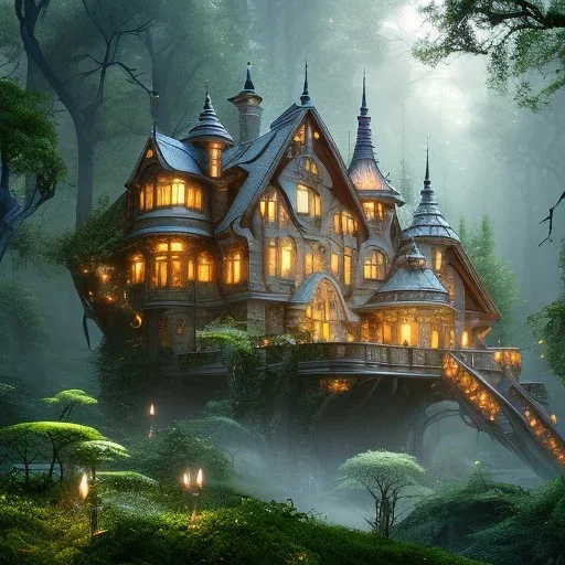 a magical house in the woods, vertical, sharp, vines, candlelit, endor, ornate, elegant, highly detailed, digital painting, artstation, concept art, smooth, sharp focus, illustration, 8k, splash art, wallpaper, key visual