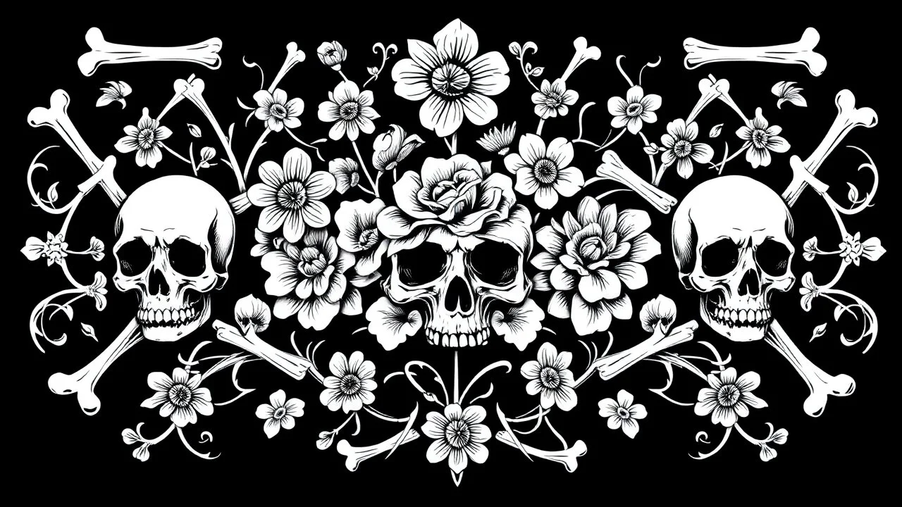 gothic tracery of bones, flowers and skulls, black and white