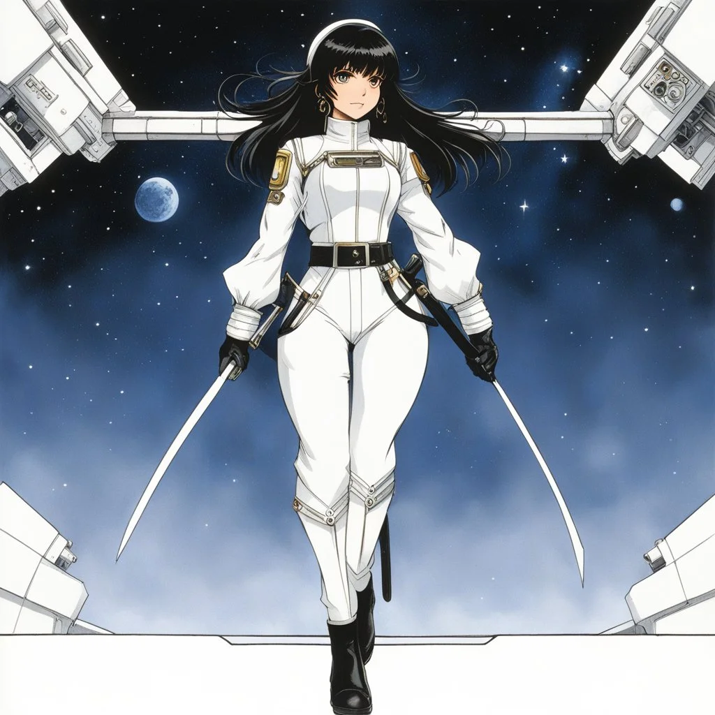 (iin a 2001 space station) a brune with blunt bangs stands bracing hands on a large lever, wearing a tight translucid white jumpsuit with flared legs from the 1970s, with a wide black leather belt around her waist and dark boots. Record of Lodoss War style, Linework: Expressive, expressive black ink line art with variable stroke weights. Crisp contours define silhouettes while fine hatching adds subtle depth and form.