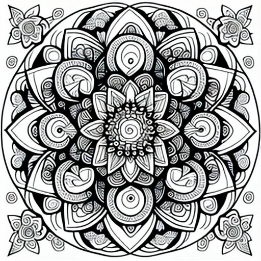 kids coloring page, mandala fully on page, perfectly symmetrical, cartoon style, thick lines, low detail, no shading