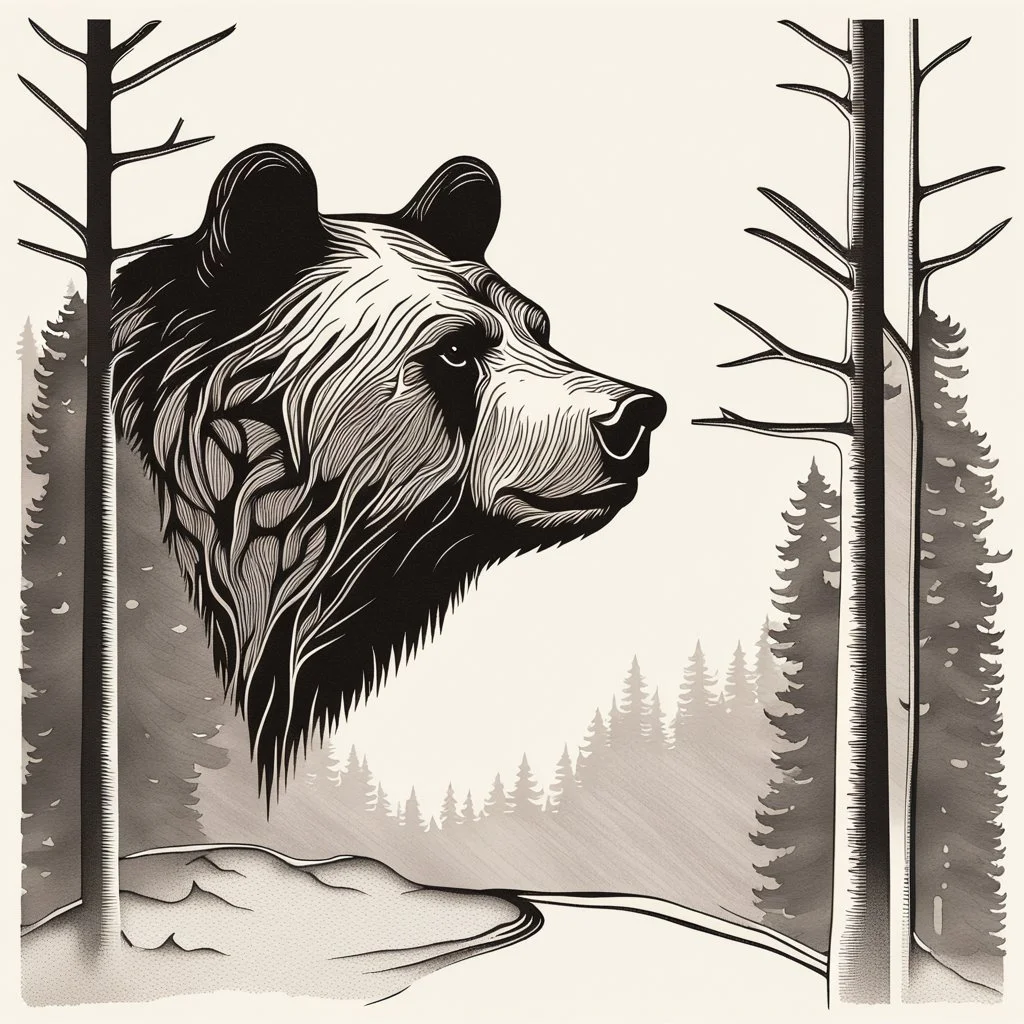 M shaped bear head combined with woods silhouette in backround, letterpress style, minimalistic pencil art