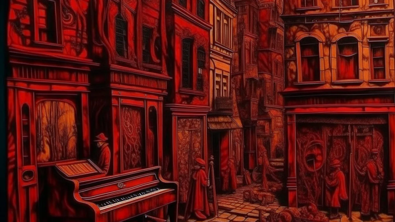 A dark red city made out of jazz instruments painted by Vincent van Gogh