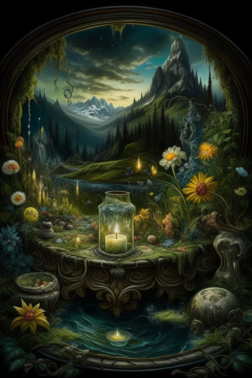 Hyperrealism against the background of a spring landscape in the forest +mirror with a tsunami whirlpool +mountains +ritual +candles+dried flowers+wildflowers+moss++decoupage of flowers+embroidery technique+braided beads+vine+moonlit night,fabulous landscape,surrealism,realism,naturalism,dot technique,microdetalization,high detail objects,digital illustration,volumetric clarity,dark fantasy,dark botanical, professional photo