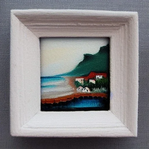 tiny oil painting of tiny seaside village, plain white background, solid white background, tiny white canvas, tiny white frame, melancholy, tender, moody, vintage, delicate arrangement, beautiful composition, etsy, aesthetic layout, plain solid white background