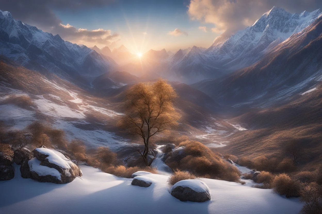 A valley through Himalayan winter mountains. a mountain 3 times higher that the rest at the end of the valley. fantasy concept art, exquisite realism, a masterpiece, dynamic lighting, hyper detailed, intricately detailed, deep color, Unreal Engine, volumetric lighting , Epic cinematic brilliant stunning intricate meticulously detailed dramatic atmospheric maximal,