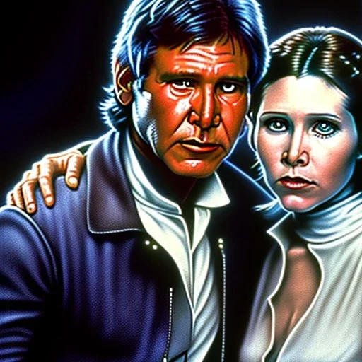 carrie fisher embracing harrison ford, waist up portrait, intricate, oil on canvas, masterpiece, expert, insanely detailed, 4k resolution, cinematic smooth, intricate detail , soft smooth lighting, soft pastel colors,