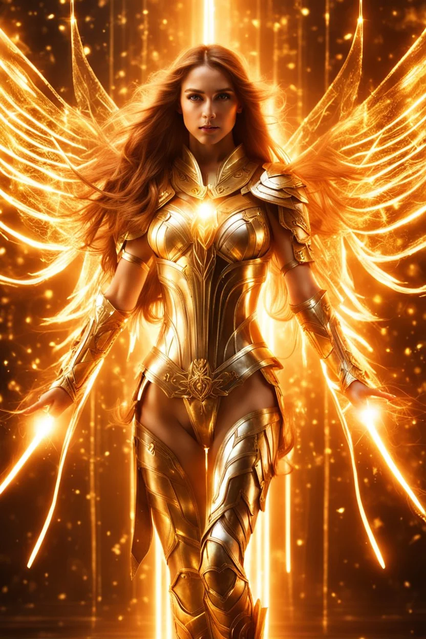 Photograph pretty Angel woman armor long hair stand face front in impact picture,translucent and glowing metallic patterns,glowing metal objects hovering in the air and surrounding him,Electric arcs and sparks,flow of energy,translucent magnetic lines,golden and shimmering light effects