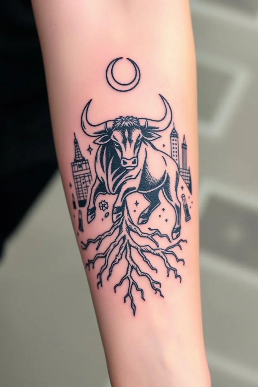 Design feminine tattoo: The centerpiece of the tattoo is a bull in a dynamic, powerful pose, representing Taurus. From the bull's hooves, deep roots twist into the ground, sprawling outwards. The roots look as though they're entangled with the earth itself, symbolizing Taurus' deep connection to the planet. Surrounding the bull, or perhaps as a backdrop, include elements of Detroit’s industrial history. A crescent moon or starry sky above the bull