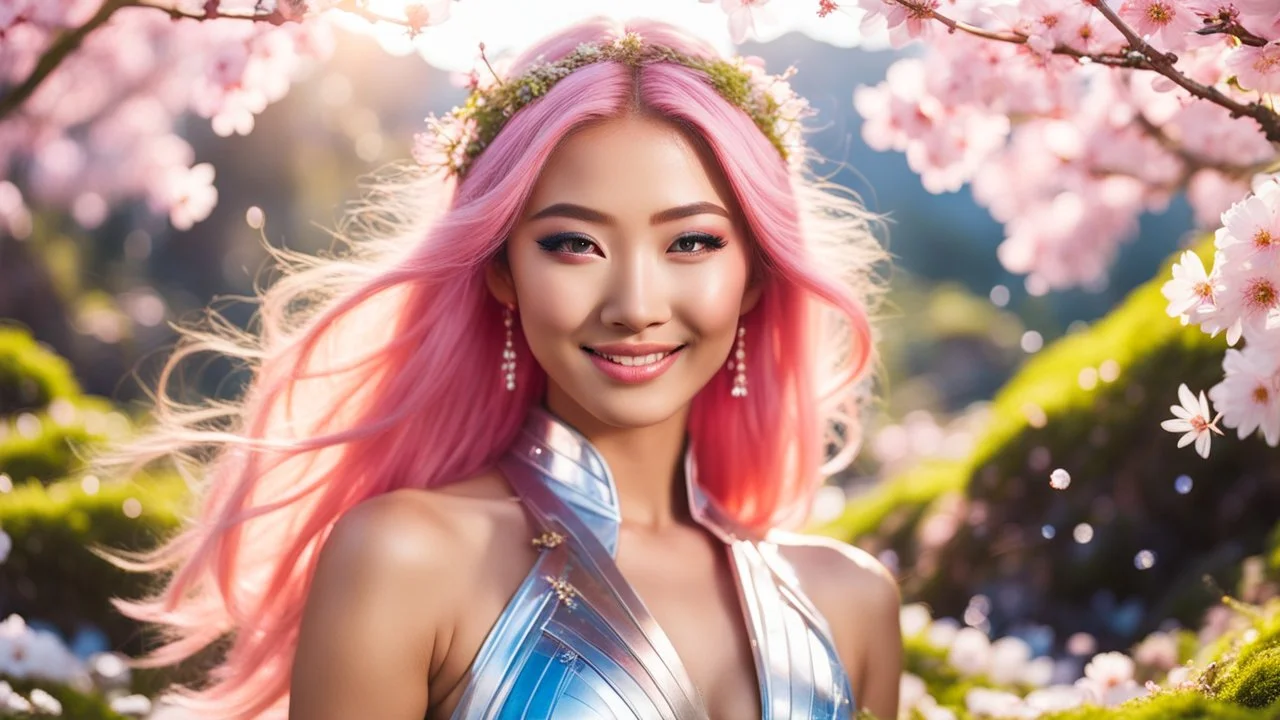 Portrait of a gorgeous smiling asian goddess with a golden taned skin, long smooth clear pink hair, blue eyes, in a sci-fi outfit with luminous strikes in a hill of flowers with sakura trees, a small torrent, loads of mini flowers, moss, sun rays through the branches, particles in the air at spring