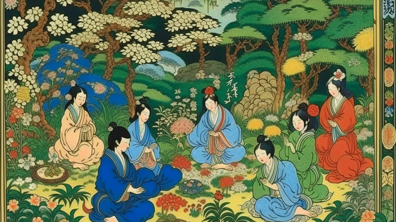 An illustration by Kuniyoshi of individuals practicing yoga surrounded by blooming flowers and lush vegetation.