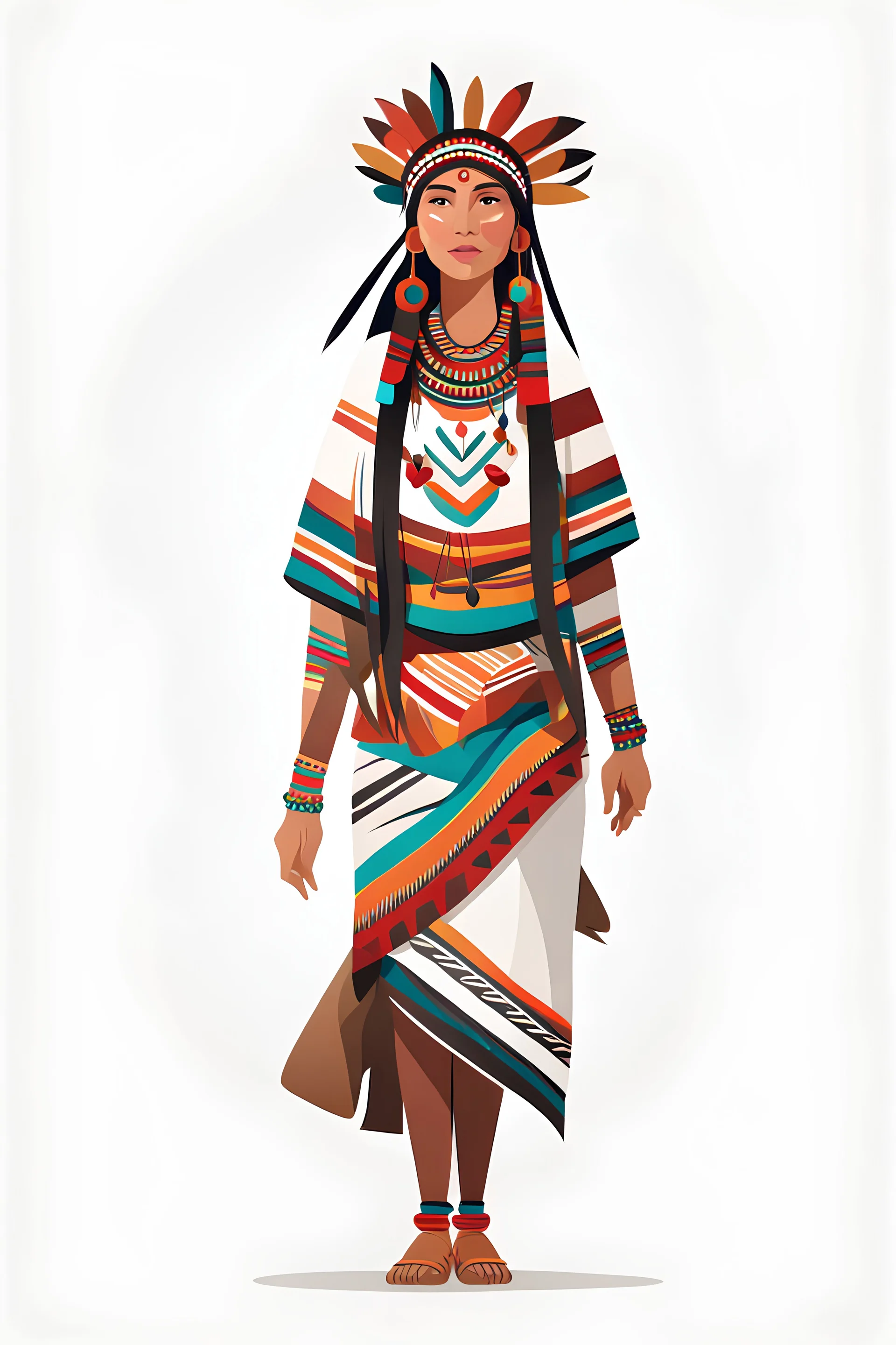 Indigenous woman, vector style, full body floating, white clean background