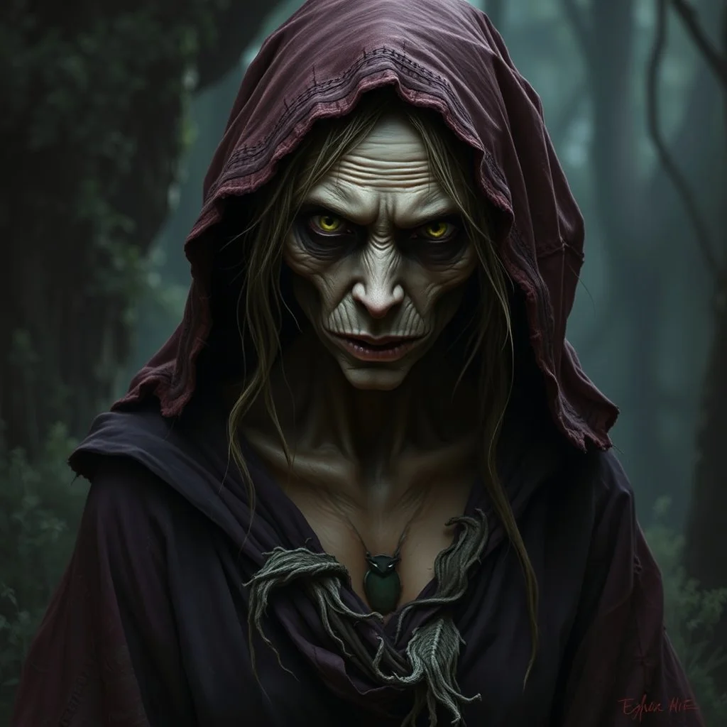 The witch, Lorissa Nightshade, appears—a gaunt, pale woman with hollowed out eyes and wearing tattered and torn robes. Grimdark realistic