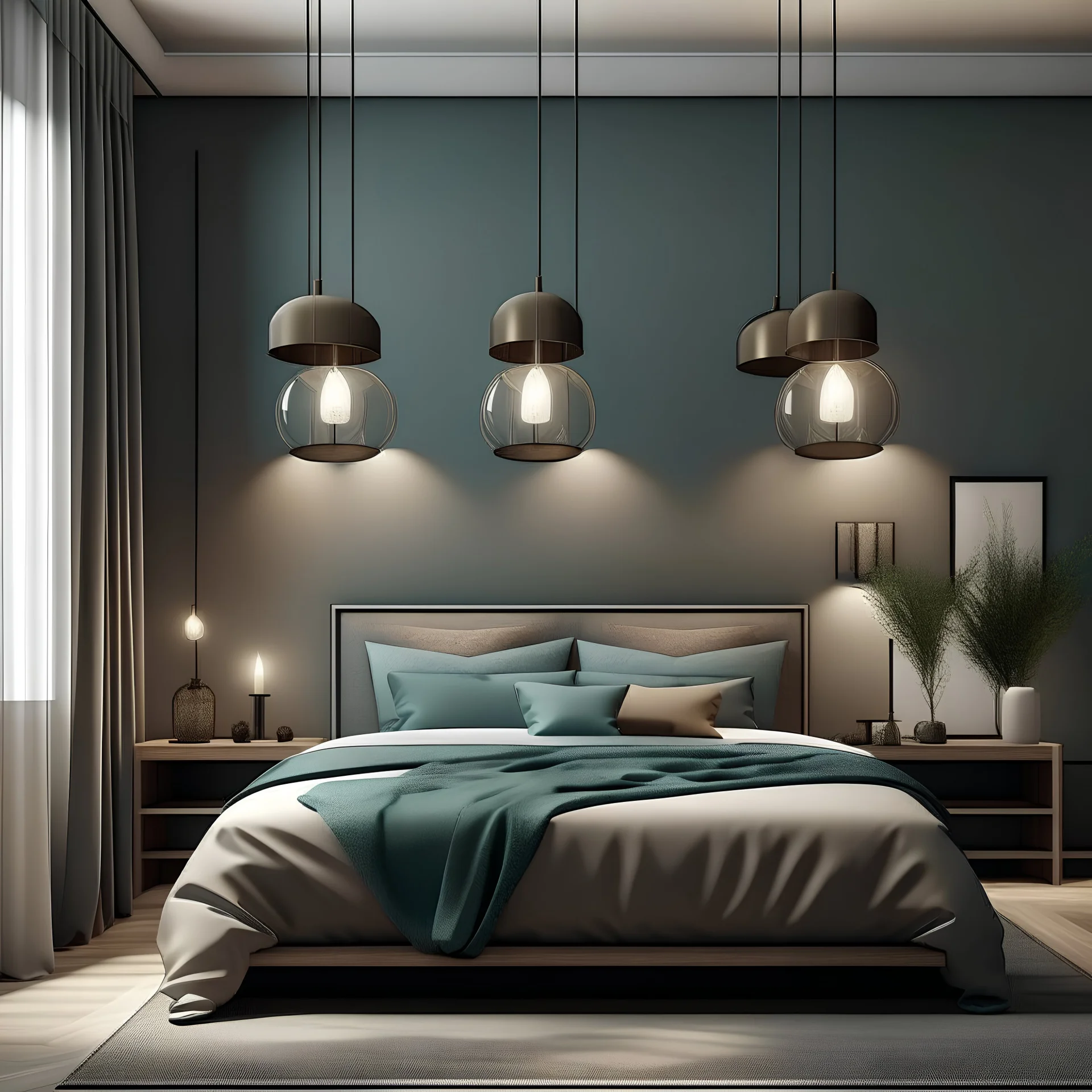 Hang 3 pendant lights in a bedroom. The pendant lights should be complete different.