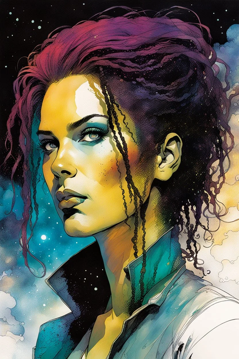 create an imaginative scene with a female interstellar cybernetic pirate with finely detailed facial features, short dreadlock hair, in a smokey Paris bar, the comic book art style of Bill Sienkiewicz, Mike Mignola, and Jean Giraud Moebius, finely textured, drawn, colored, and inked