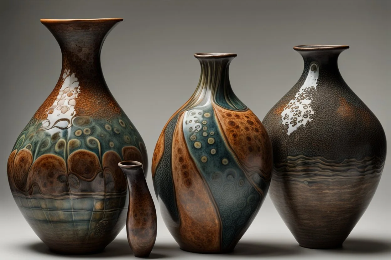 Wide Shot, Contemporary Vase shapes and designs in Obvara Glaze, Carbon Trapping Glaze, and Oxidation Glaze with intricate Underglaze designs":"HDRI, Intense Multi-colours, Studio Lighting, insanely detailed, Deep Focus, f/11, 50mm Lens