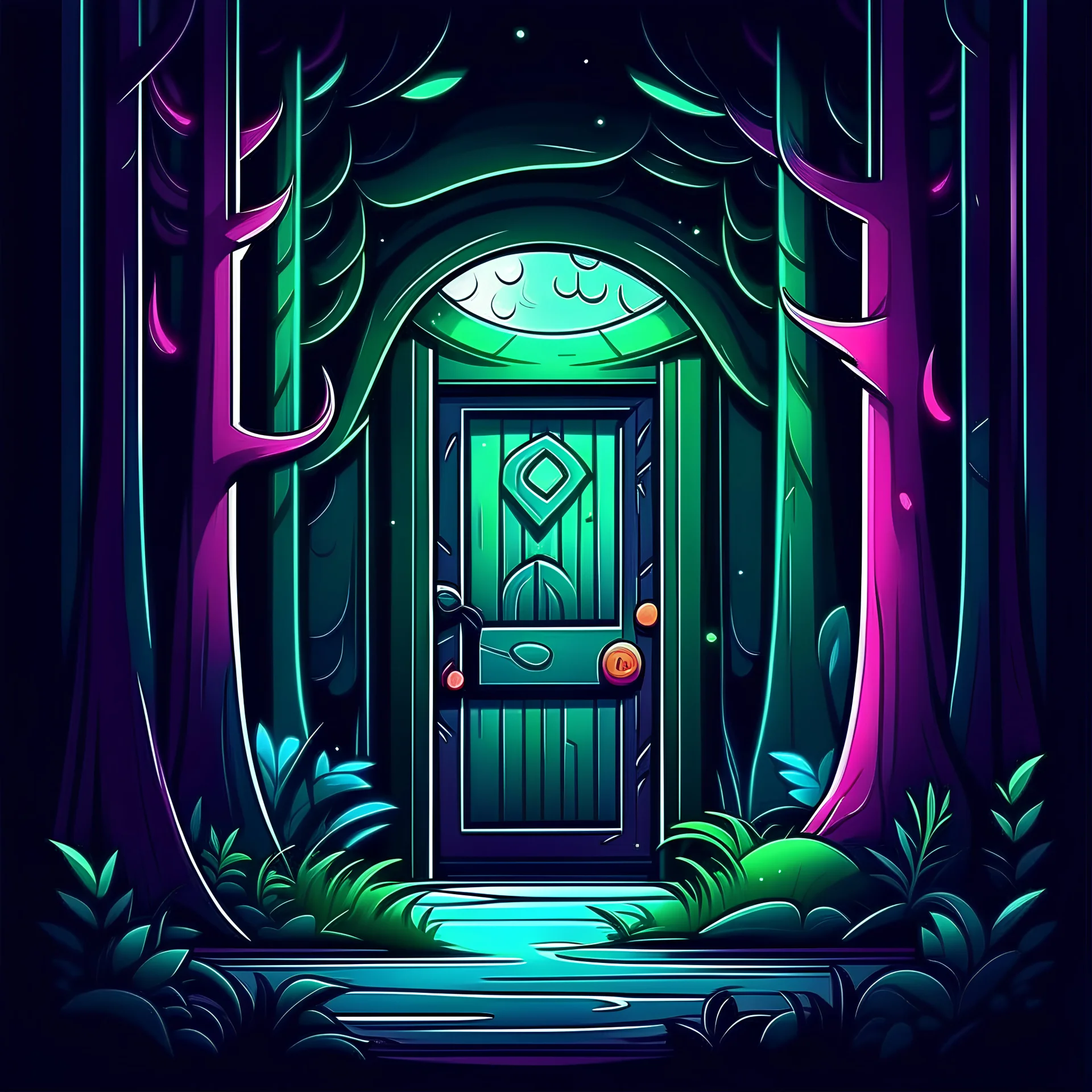 outsite room with wooden door in the middle of a forest at night neon cartoon