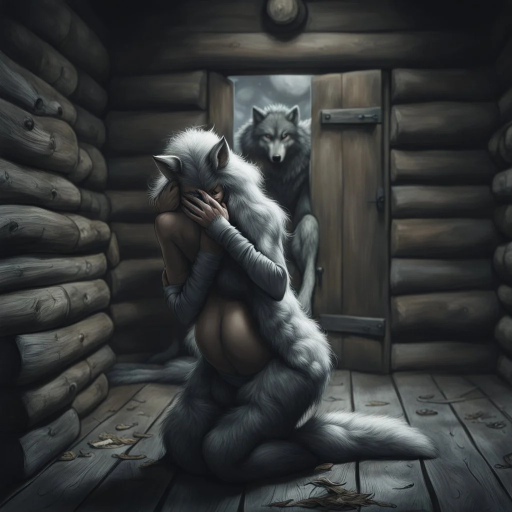 in the middle of a wooden hut an pale gray body hair pregnant anthropomorphic wolf woman creature kneeling, crying and covering eyes with her pawes, in background in the door stands dark gray body hair anthropomorphic wolfman and looking the female wolf. high contrast, high detalied, high realistic, sharp focus. The atmosphere is a seamless blend of sci-fi, dark fantasy