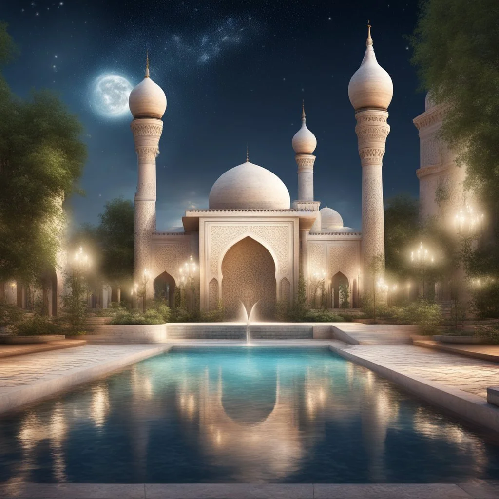 Hyper Realistic Huge multicolor rustic wall textured Mosque with beautiful fountain & white rose garden at beautiful night