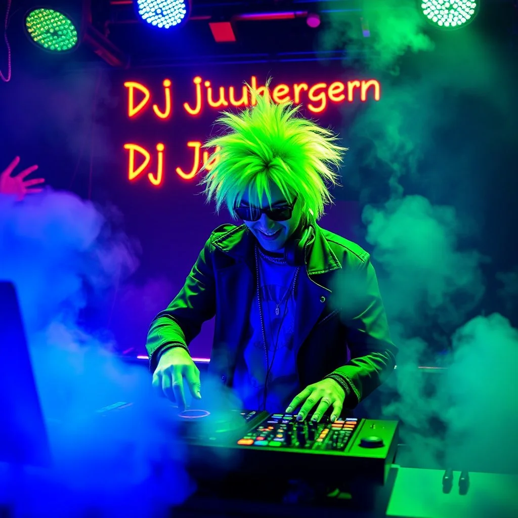 A DJ performing at dance club, his name DJ JüRGEN and looks crazy, crazy green hair with crazy outfit. Neon lights and smog, DJ JüRGEN SIGN ON WALL