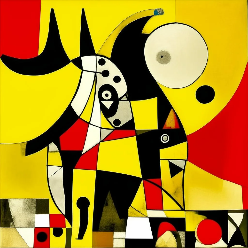 abstract art, elephant contrivance, by Joan Miro and VS Gaitonde, mind-bending abstract image, fragmented, subconscious deconstructivism, yellow and black and white and red color scheme